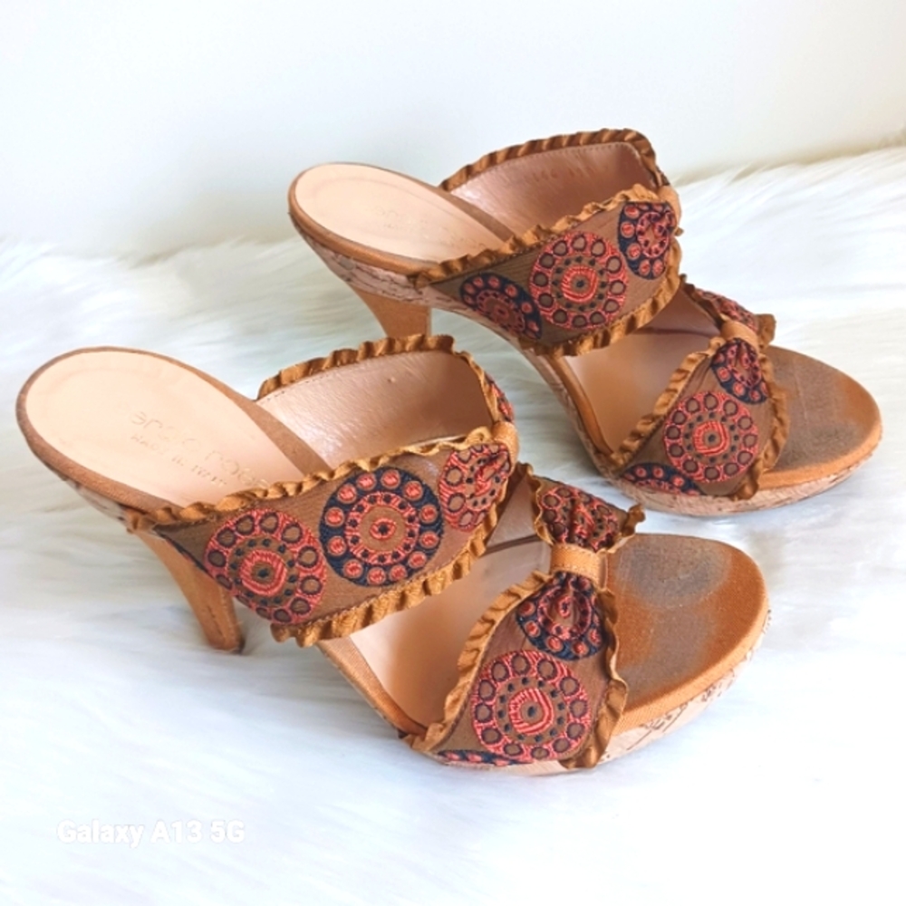 Sergio Rossi Women's Embroidered Fabric Double Bow Strap Slide Sandals Sz 35 1/2